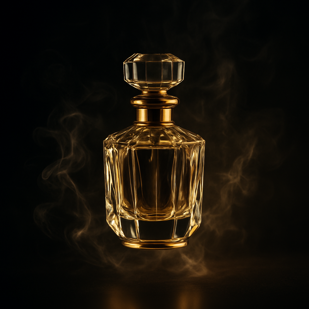 Frasco de perfume de lujo con detalles dorados