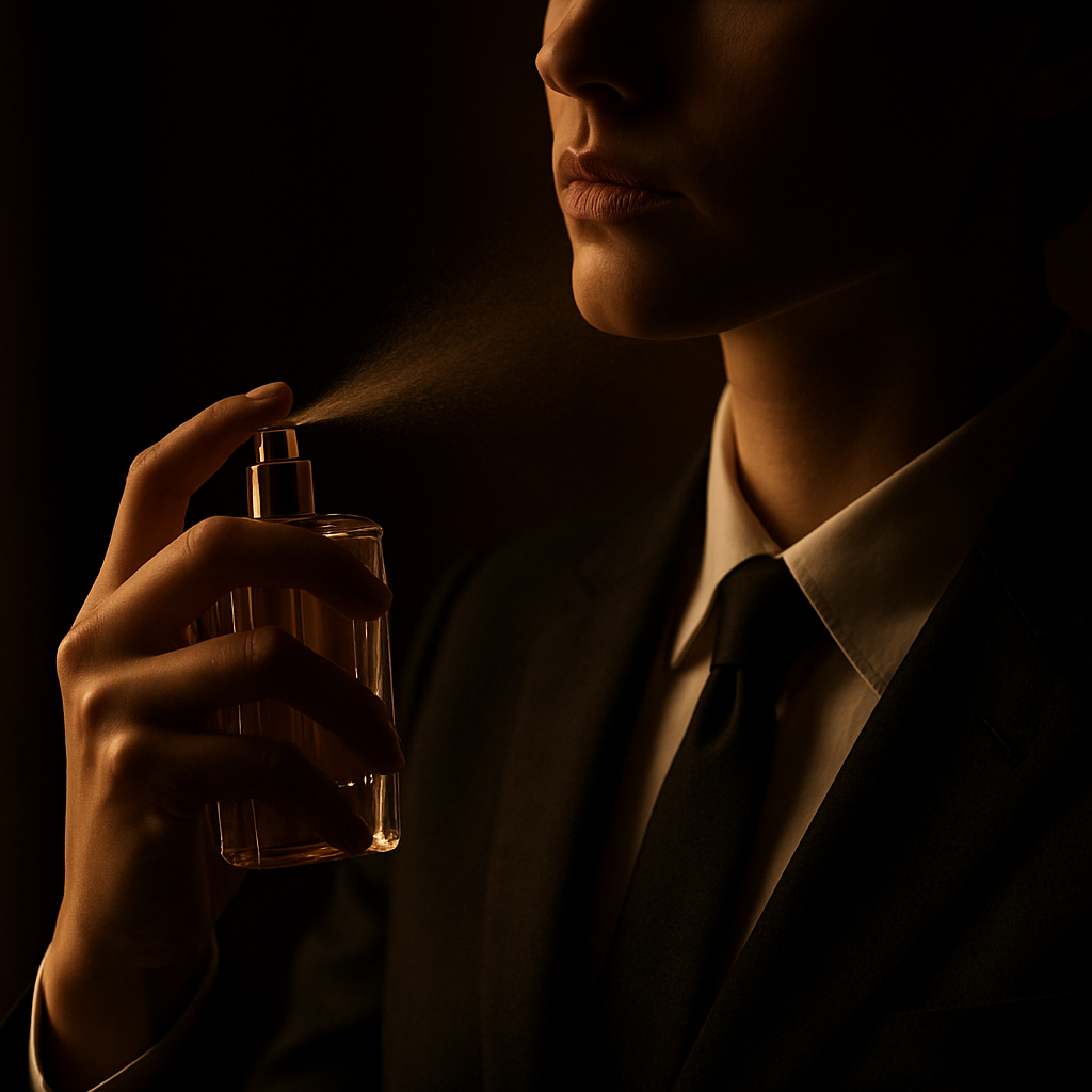 Persona elegante aplicando perfume de lujo